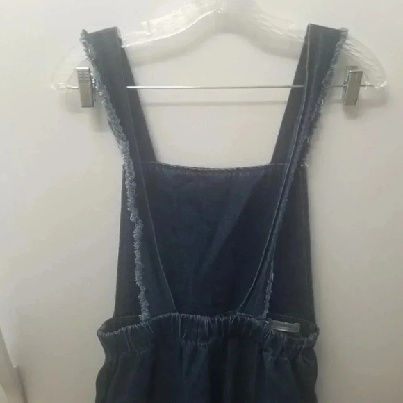 Zara Woman Premium Denim Wide  Leg Dark Wash Raw Hem Cropped Overalls M - Picture 9 of 14